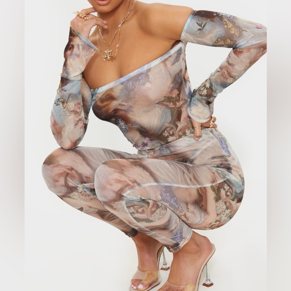 Renaissance print Mesh 2pc Bodysuit & Legging Pant Set